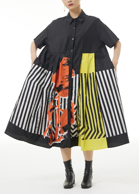 Black Print Patchwork Striped Cotton Maxi Shirt Dress Summer