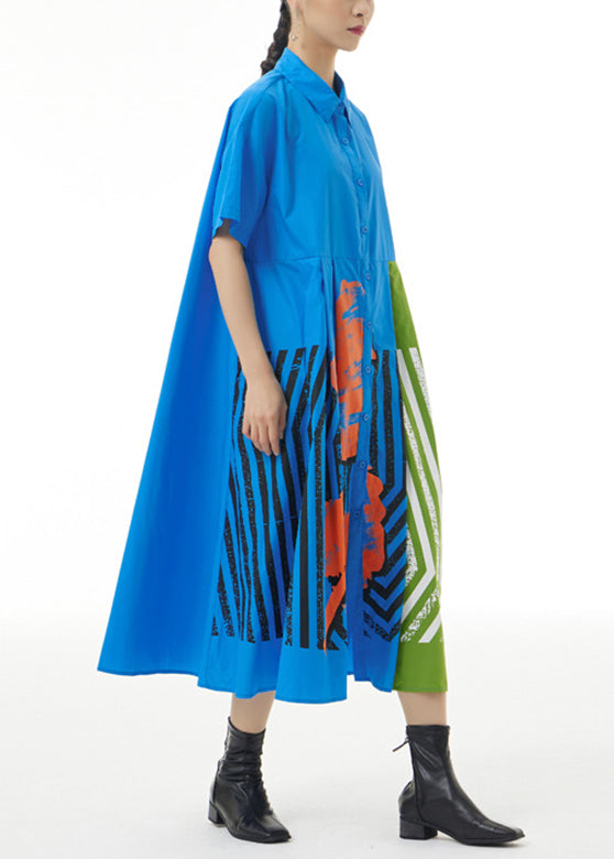 Black Print Patchwork Striped Cotton Maxi Shirt Dress Summer