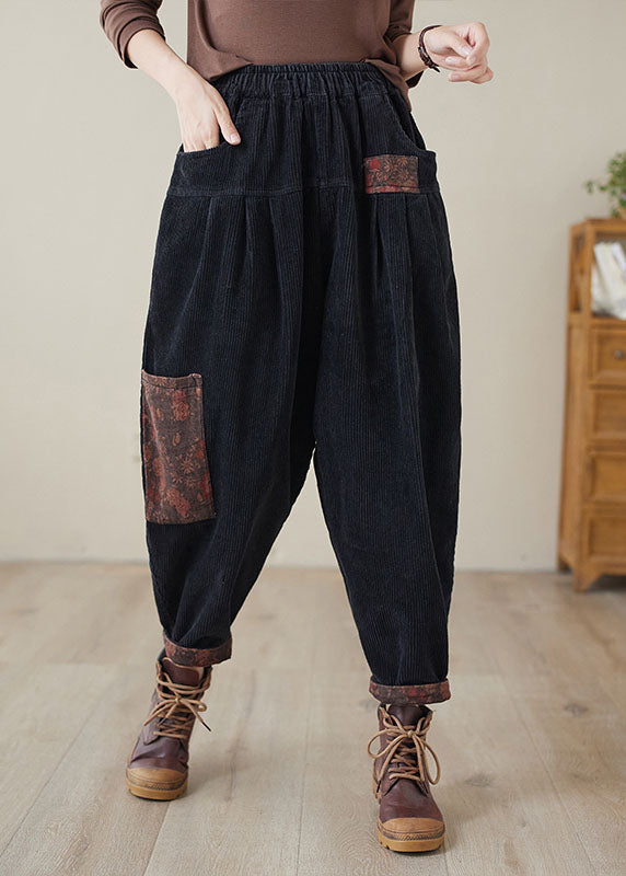 Black Print Patchwork Thick Corduroy Fleece Pants Winter