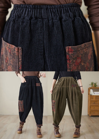 Black Print Patchwork Thick Corduroy Fleece Pants Winter