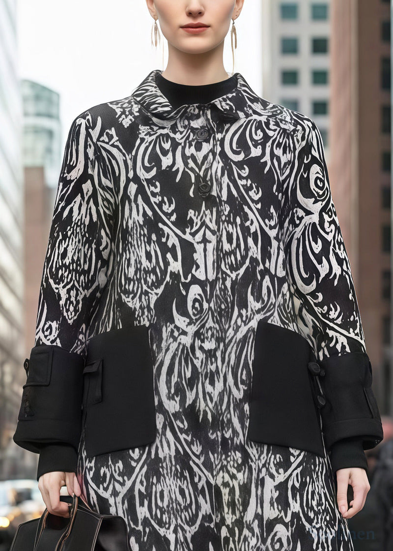 Black Print Patchwork Warm Fleece Woolen Trench Winter