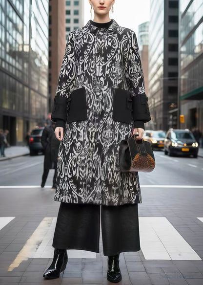 Black Print Patchwork Warm Fleece Woolen Trench Winter