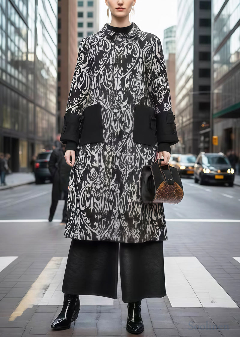 Black Print Patchwork Warm Fleece Woolen Trench Winter
