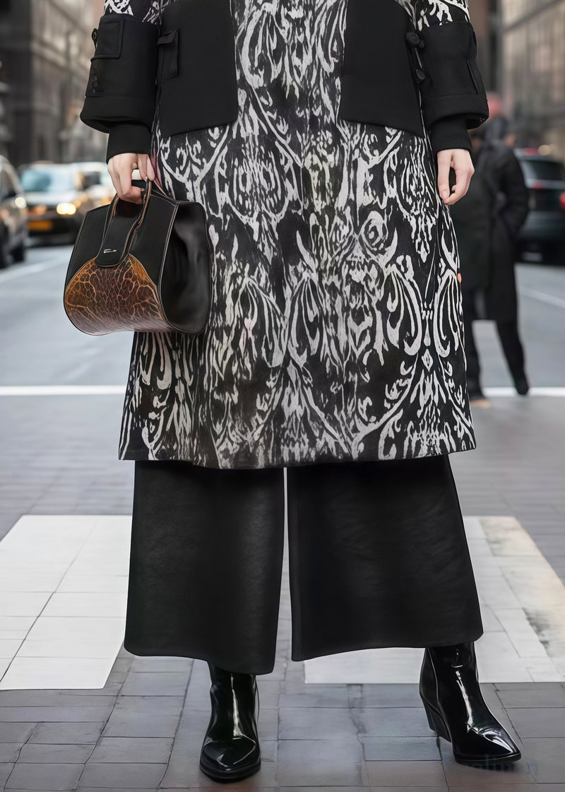 Black Print Patchwork Warm Fleece Woolen Trench Winter