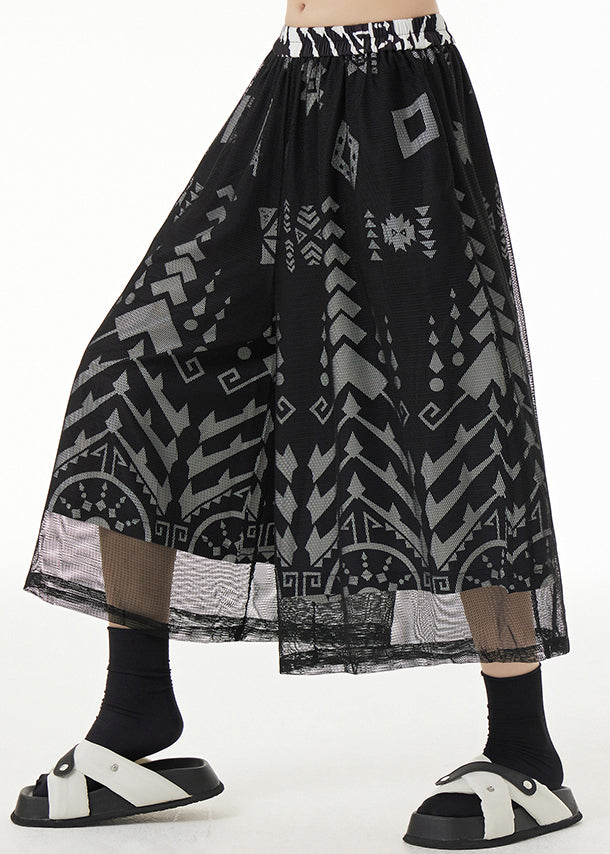 Black Print Tulle Crop Pants Fall