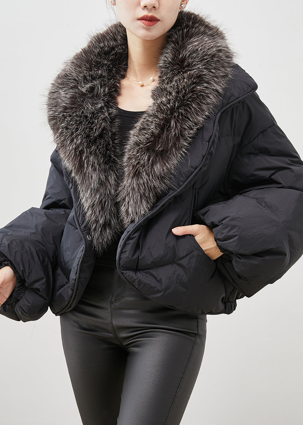 Black Rabbit Hair Collar Warm Duck Down Puffer Jacket Winter