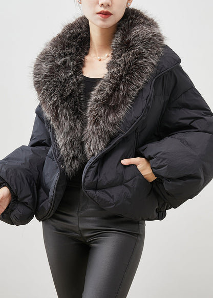 Black Rabbit Hair Collar Warm Duck Down Puffer Jacket Winter