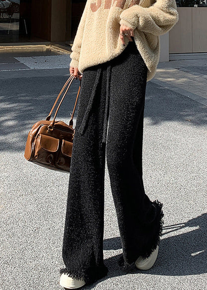 Black Raw Edge High Waist Mink Hair Knitted Pants