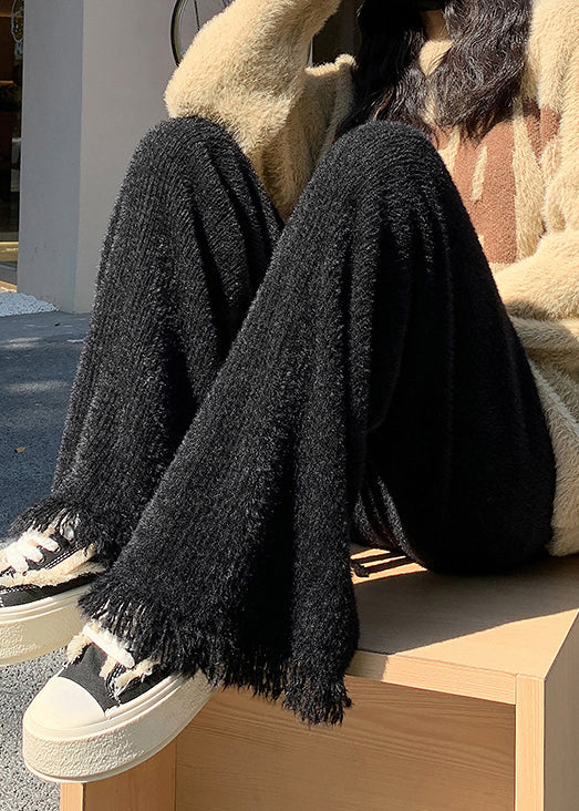 Black Raw Edge High Waist Mink Hair Knitted Pants