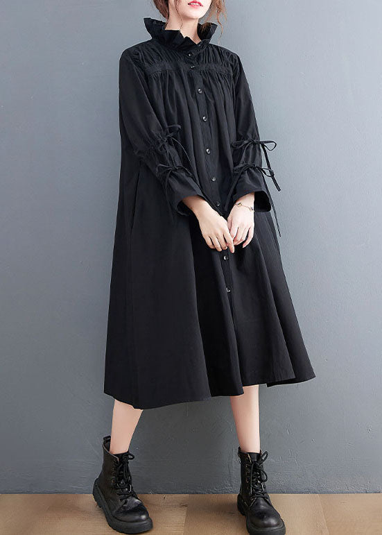 Black Ruffled Button Cotton Blouses Dresses Spring