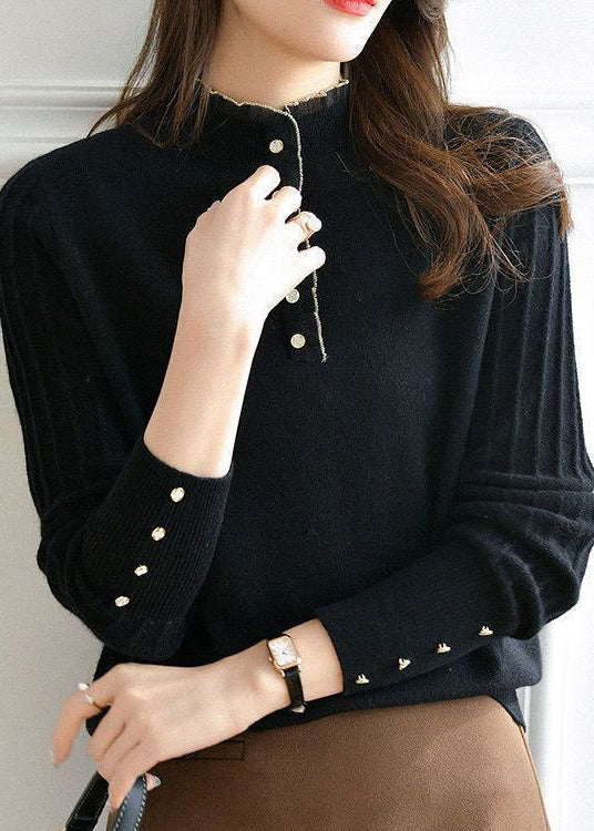 Black Ruffled Button Patchwork Knit Sweaters Long Sleeve
