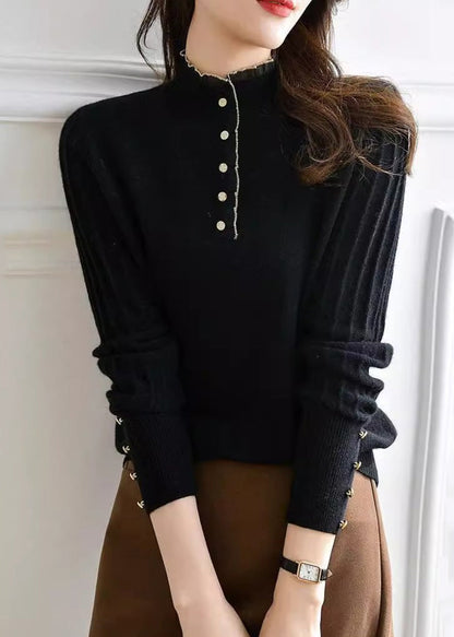 Black Ruffled Button Patchwork Knit Sweaters Long Sleeve