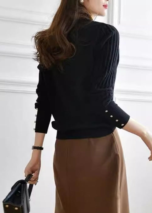 Black Ruffled Button Patchwork Knit Sweaters Long Sleeve