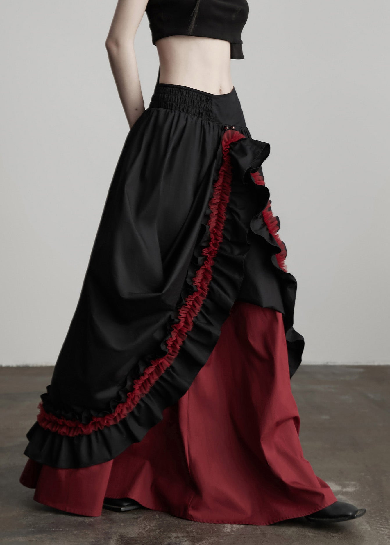 Black Ruffled Patchwork Exra Large Hem Cotton Skirts Spring
