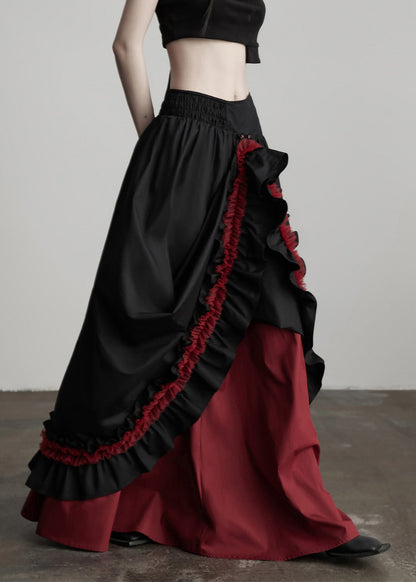 Black Ruffled Patchwork Exra Large Hem Cotton Skirts Spring