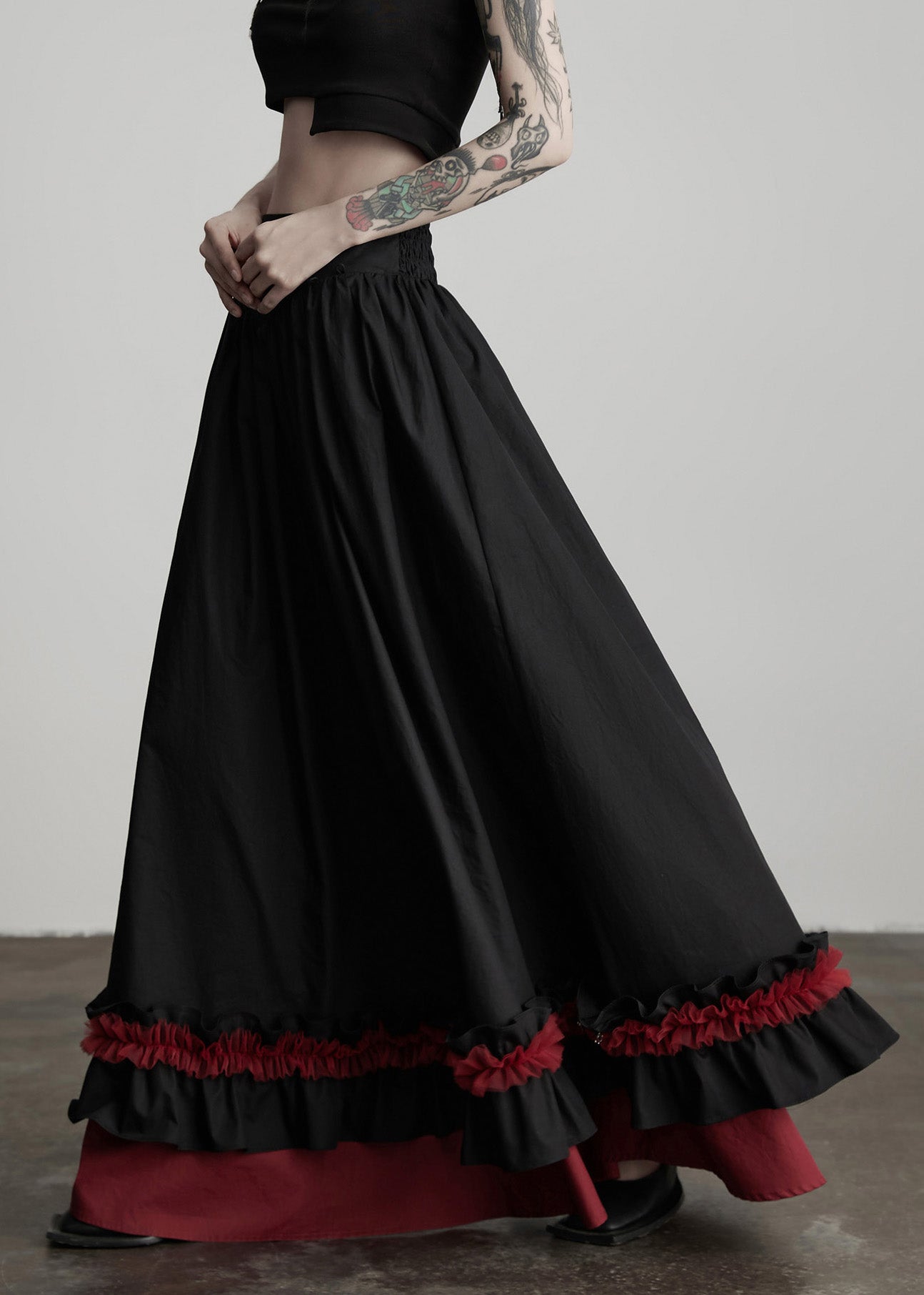 Black Ruffled Patchwork Exra Large Hem Cotton Skirts Spring