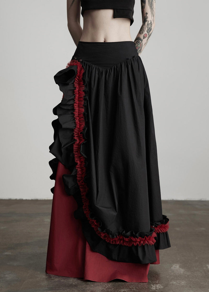 Black Ruffled Patchwork Exra Large Hem Cotton Skirts Spring