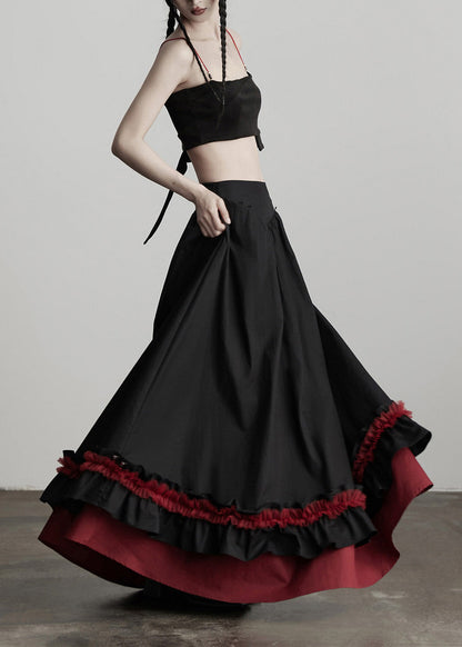 Black Ruffled Patchwork Exra Large Hem Cotton Skirts Spring