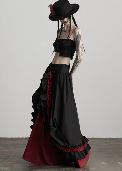 Black Ruffled Patchwork Exra Large Hem Cotton Skirts Spring
