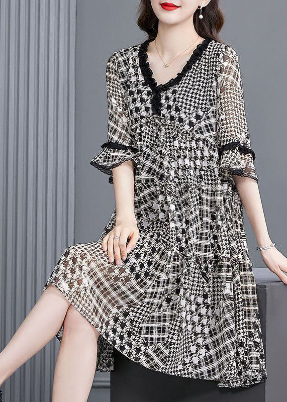 Black Ruffled Patchwork Print Exra Large Hem Chiffon Dresses Half Sleeve