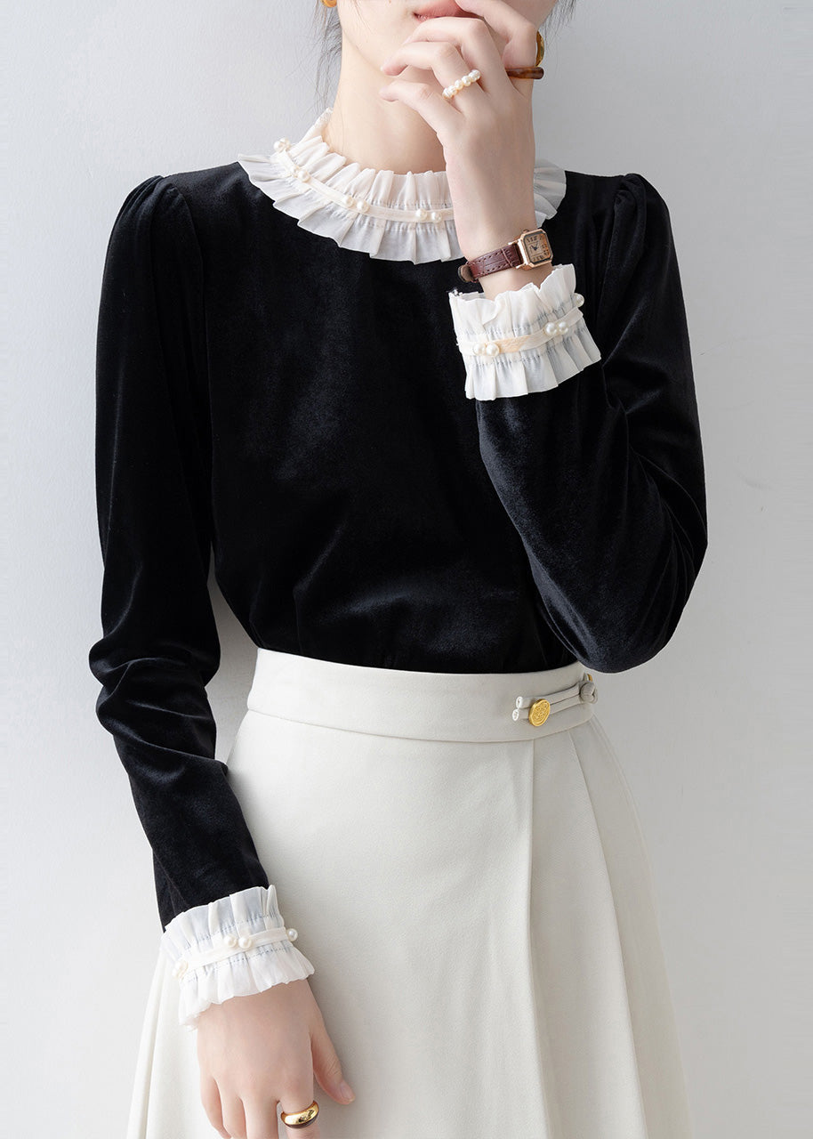 Women Black Ruffled Patchwork Silk Velour Shirt Top Spring