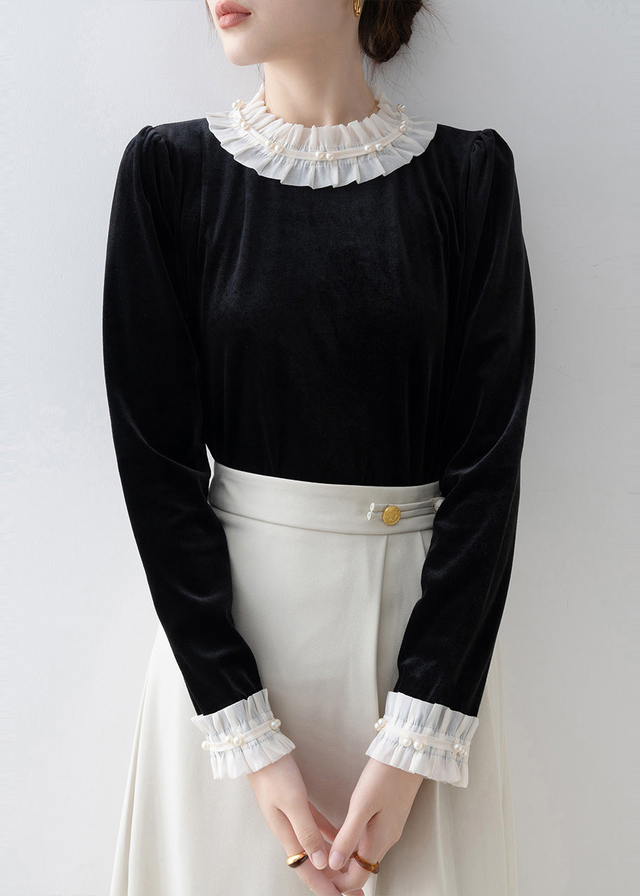 Women Black Ruffled Patchwork Silk Velour Shirt Top Spring