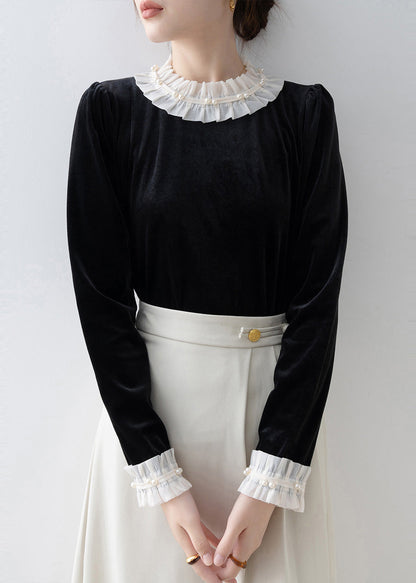 Women Black Ruffled Patchwork Silk Velour Shirt Top Spring