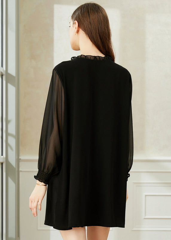 Black Ruffled Print Chiffon Holiday Dress Spring