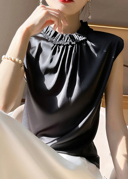 Black Ruffled Silk Tank Sleeveless