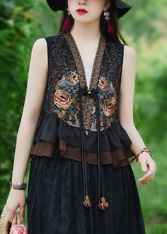 Black Ruffled Tasseled Patchwork Silk Waistcoat Sleeveless