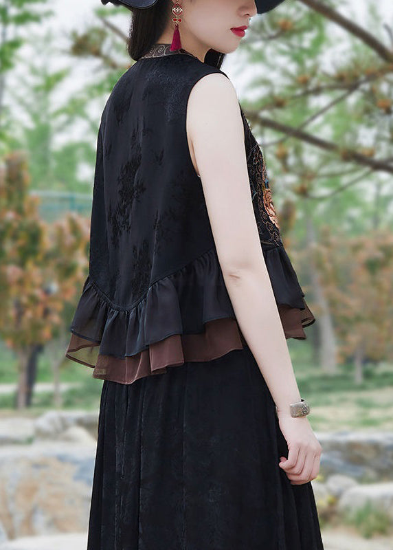 Black Ruffled Tasseled Patchwork Silk Waistcoat Sleeveless