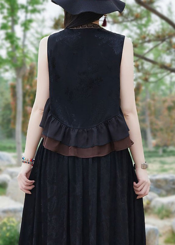 Black Ruffled Tasseled Patchwork Silk Waistcoat Sleeveless