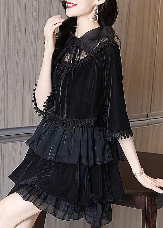 Black Ruffled Tasseled Patchwork Velour Mid Dress Fall