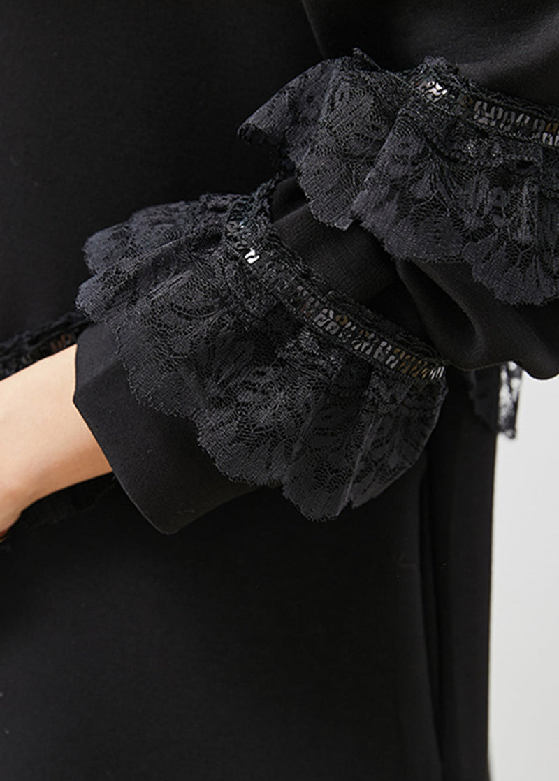 Black Ruffles Patchwork Cotton Sweatshirts Dress Spring