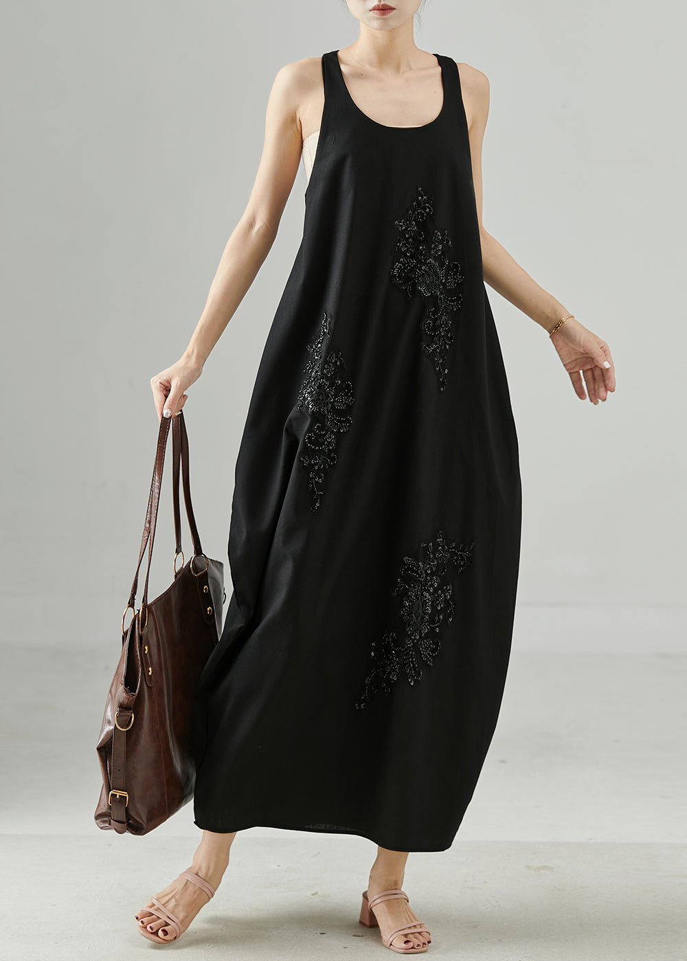 Black Sequins Nail Bead Cotton Cami Dresses Summer
