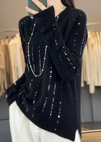 Black Sequins Patchwork Knit Short Sweater
