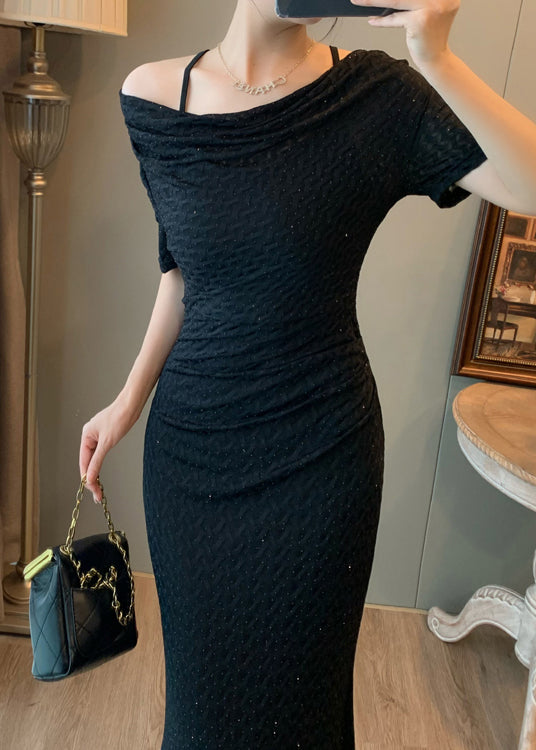 Black Slash Neck Silm Fit Long Dress Summer
