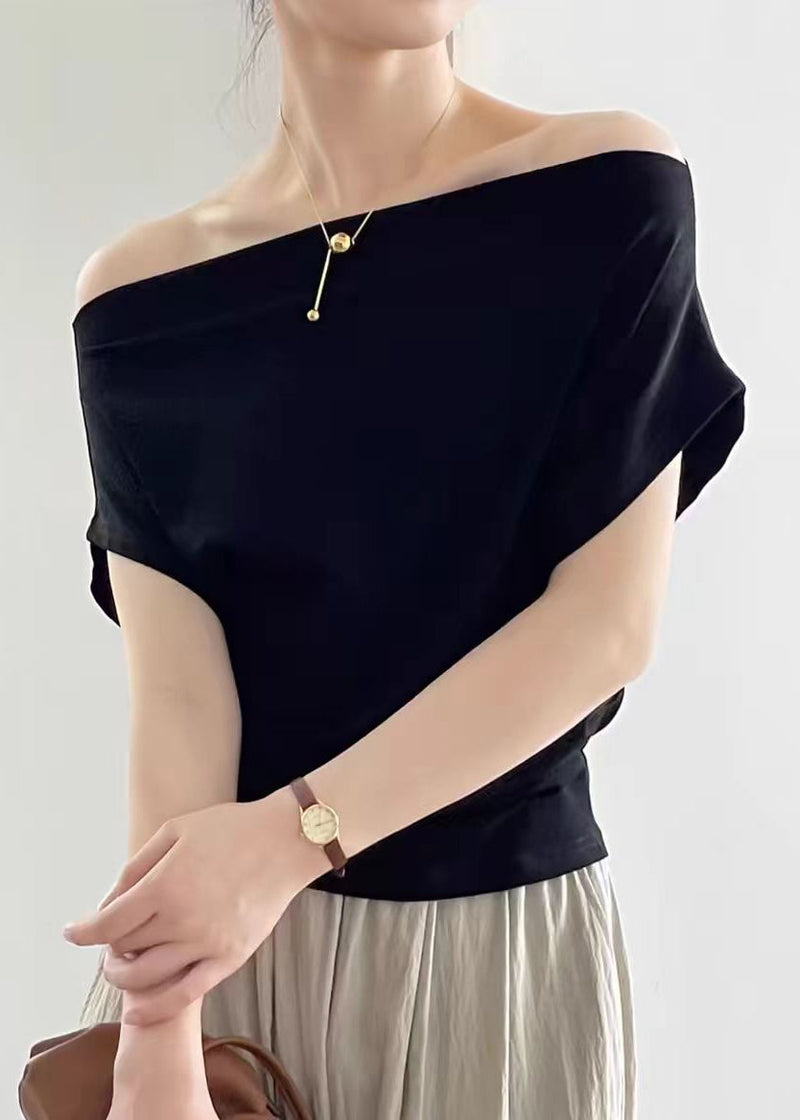 Black Slash Neck Cotton T Shirt Summer