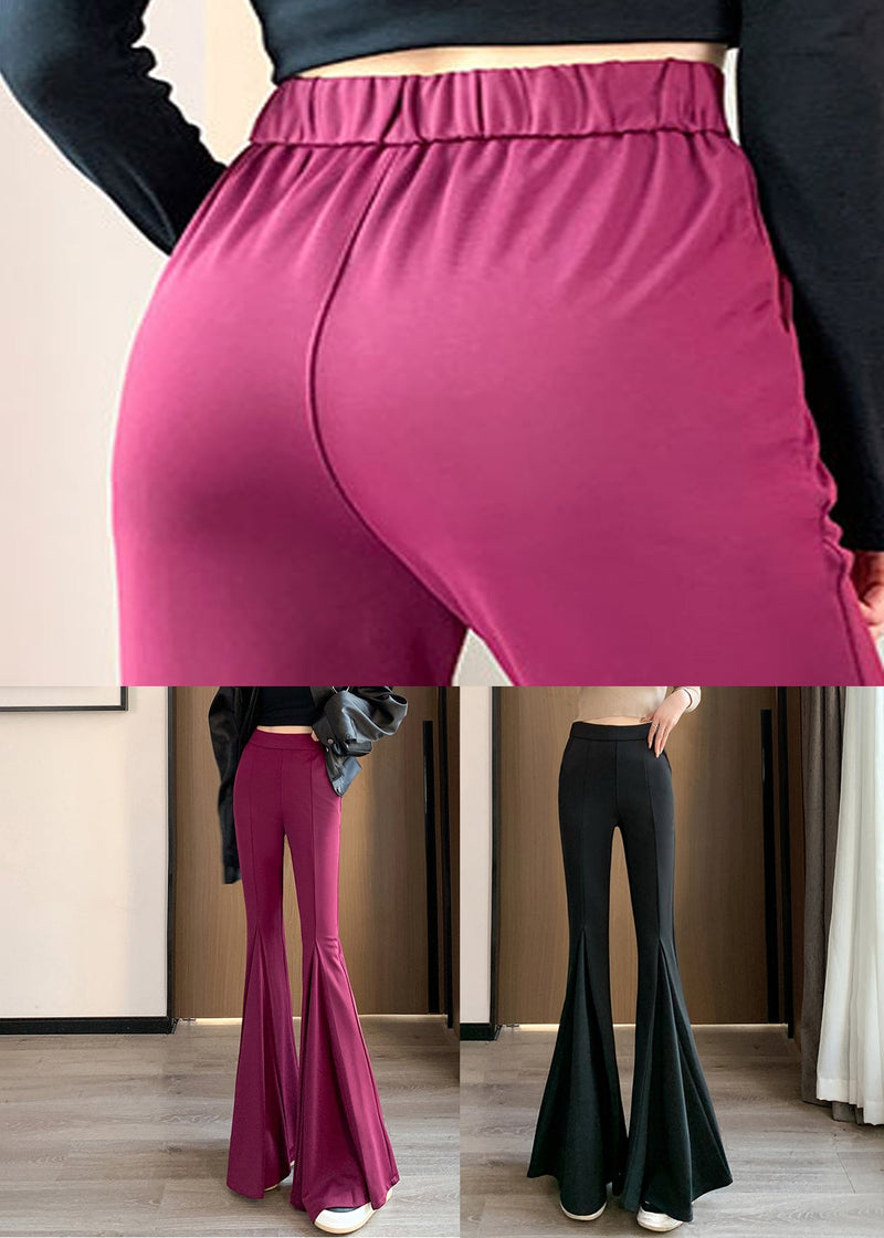 Black Elastic Waist Spandex Flared Trousers Spring