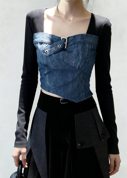 Women Black Square Collar Patchwork Denim Shirt Tops Spring