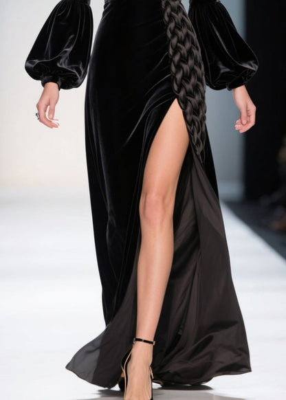 Black Square Collar Patchwork Side Open Silk Velvet Party Dress Lantern Sleeve
