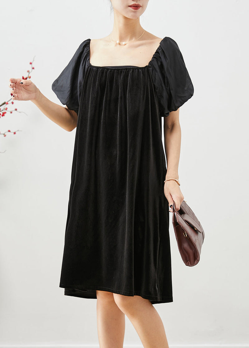 Black Square Collar Patchwork Silk Velour Maxi Dresses Summer