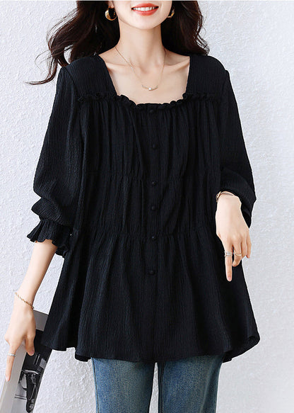 Women Black Square Collar Wrinkled Cotton Shirt Top Fall