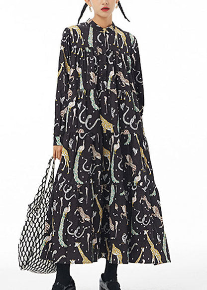 Black Stand Collar Animal Print Patchwork Cotton Shirts Dress Spring