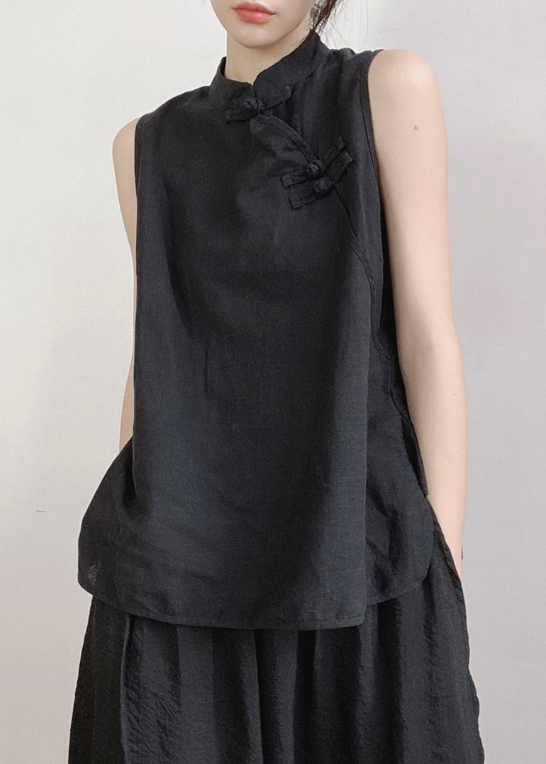 Black Stand Collar Button Cotton Vest Sleeveless