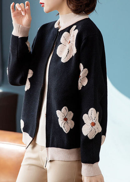 Black Stand Collar Embroideried Woolen Coats Long Sleeve