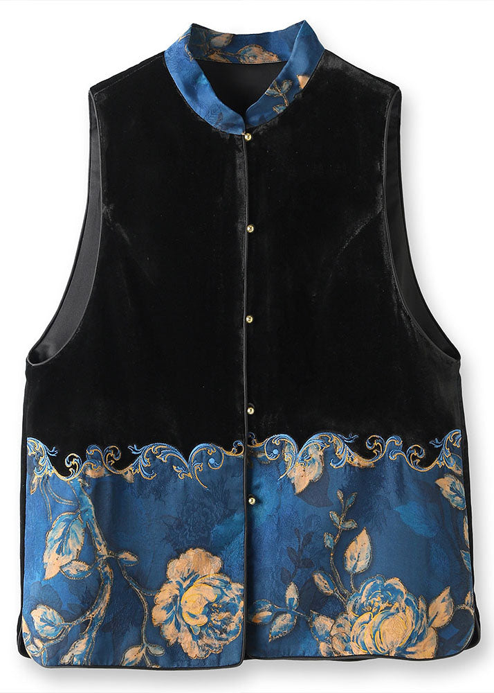 Black Stand Collar Embroideried Patchwork Silk Velour Waistcoat Sleeveless