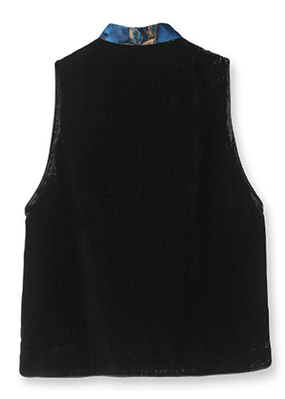 Black Stand Collar Embroideried Patchwork Silk Velour Waistcoat Sleeveless