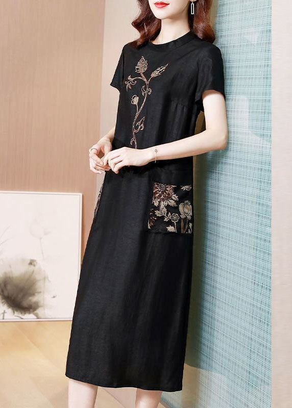 Black Stand Collar Embroideried Pockets Silk Dresses Summer