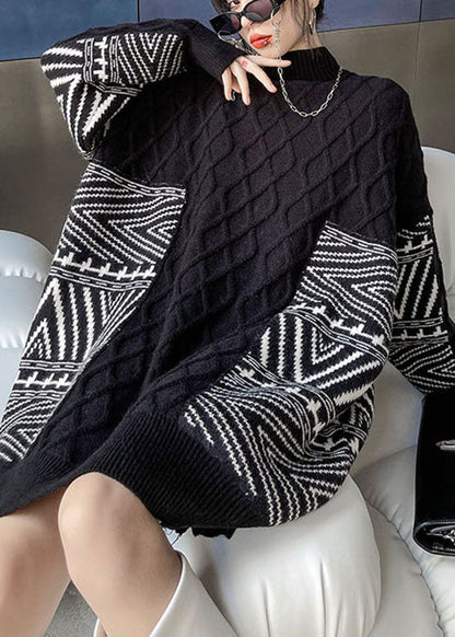 Black Stand Collar Jacquard Loose Fall Knit Sweaters